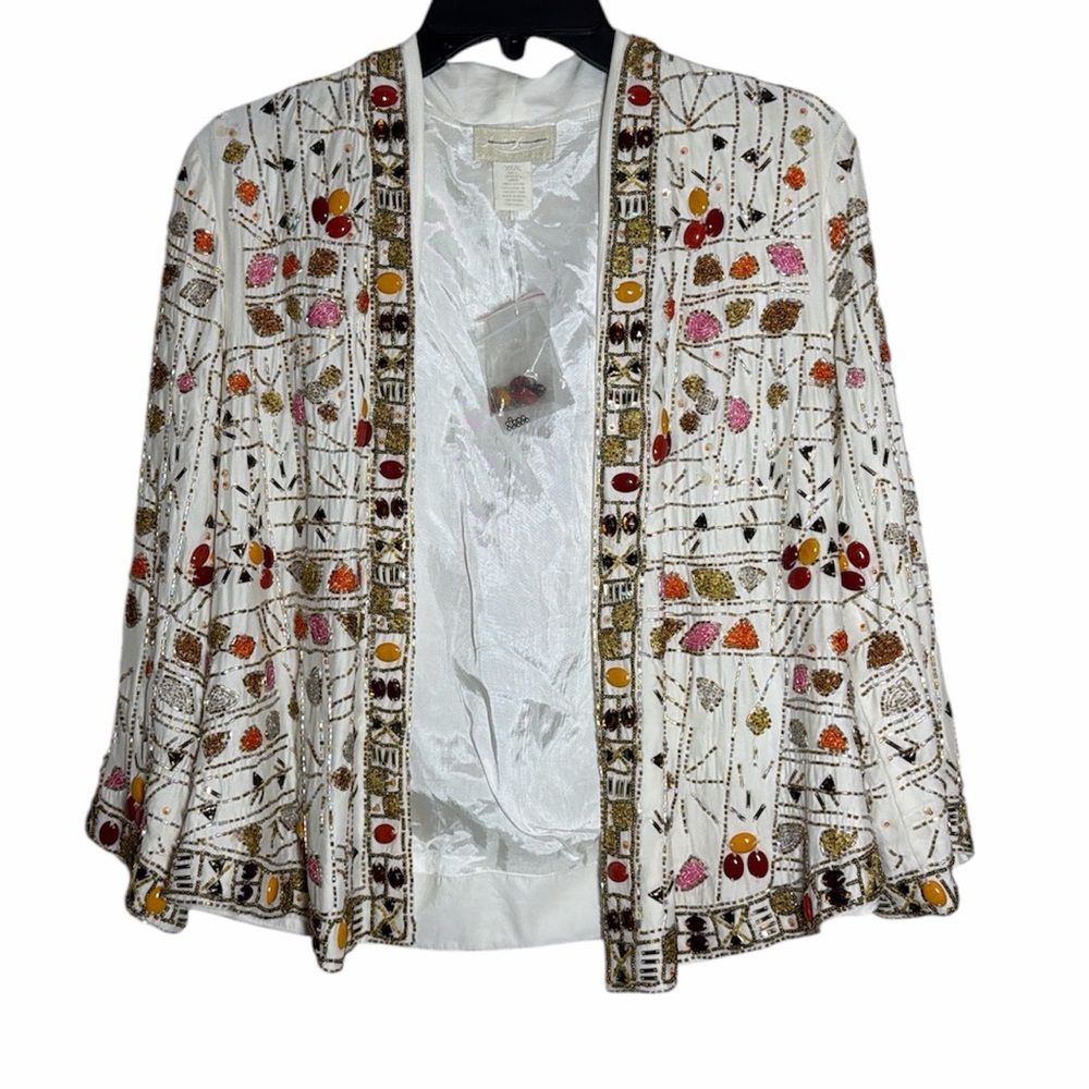NWOT Lucky Brand Legend Emma Beaded Silk Jacket White Pink Orange Size XS / S - Picture 2 of 8